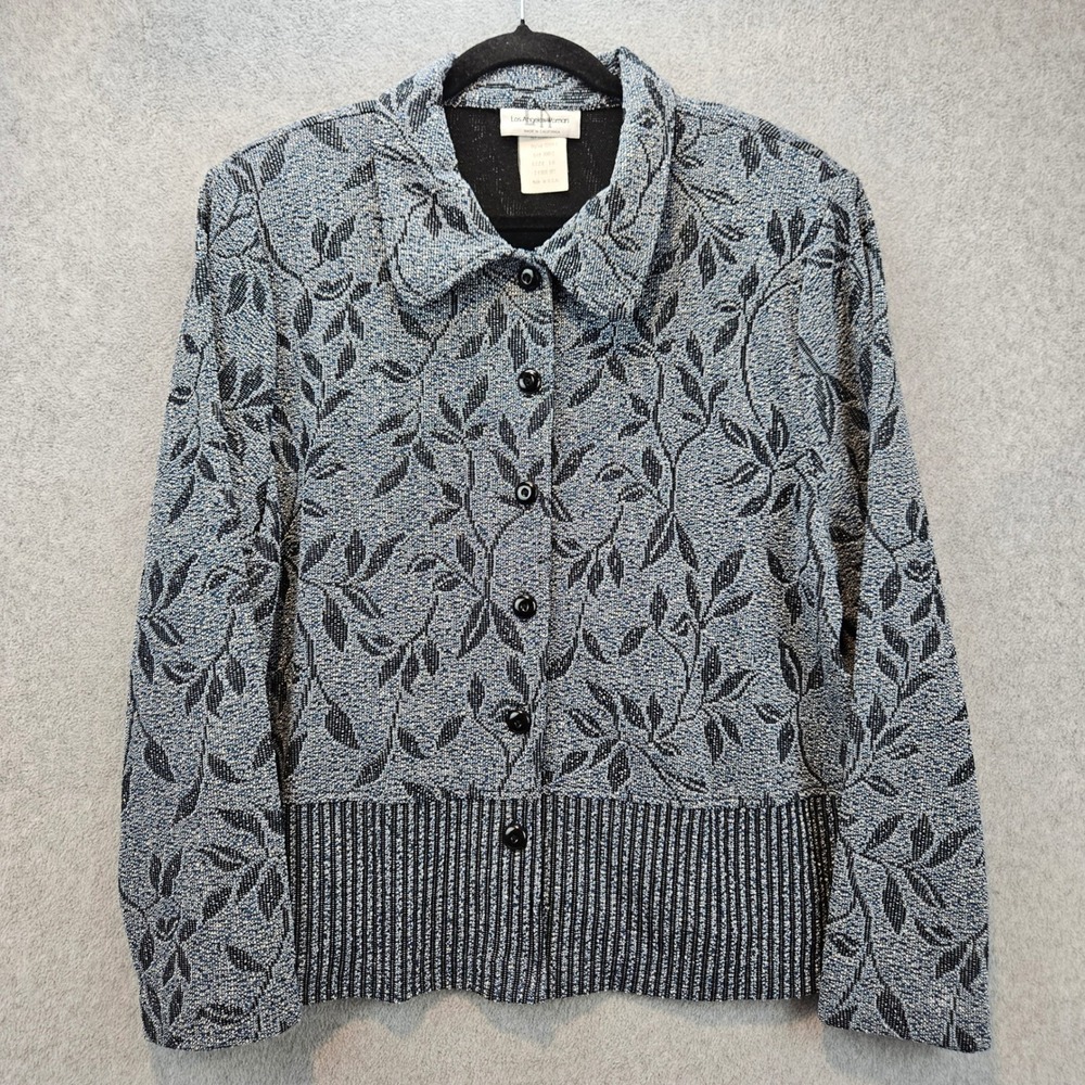 LOS ANGELES WOMEN | Blue Black Leaf Jacquard Knit Button Up Jacket Sz 16 VTG 90s